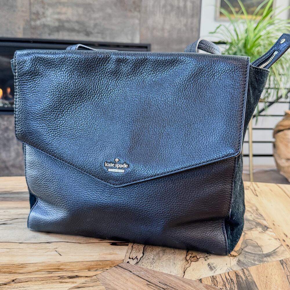Kate Spade New York, Spencer Court Archie Tote, Black Pebbled Leather & Suede